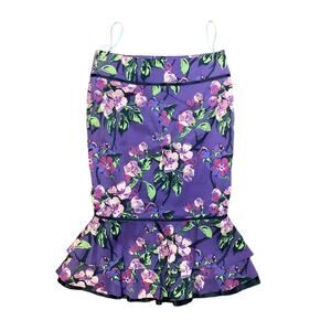 Karen Millen England Purple Floral Midi Ruffle Silk Tiered Pencil Formal Skirt 6